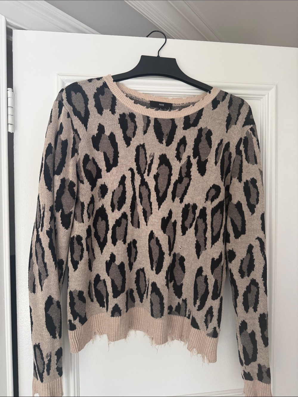 Beige and Black Leopard-Print Crewneck Sweater frayed at edges